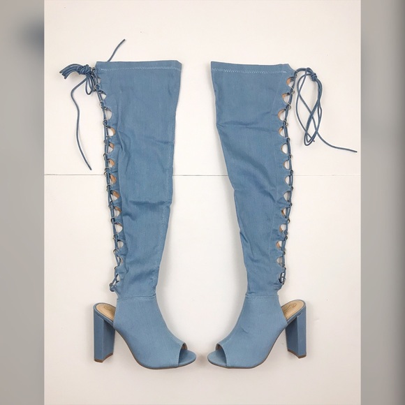Shoes - Denim Lace Up Knee High Heel Boots